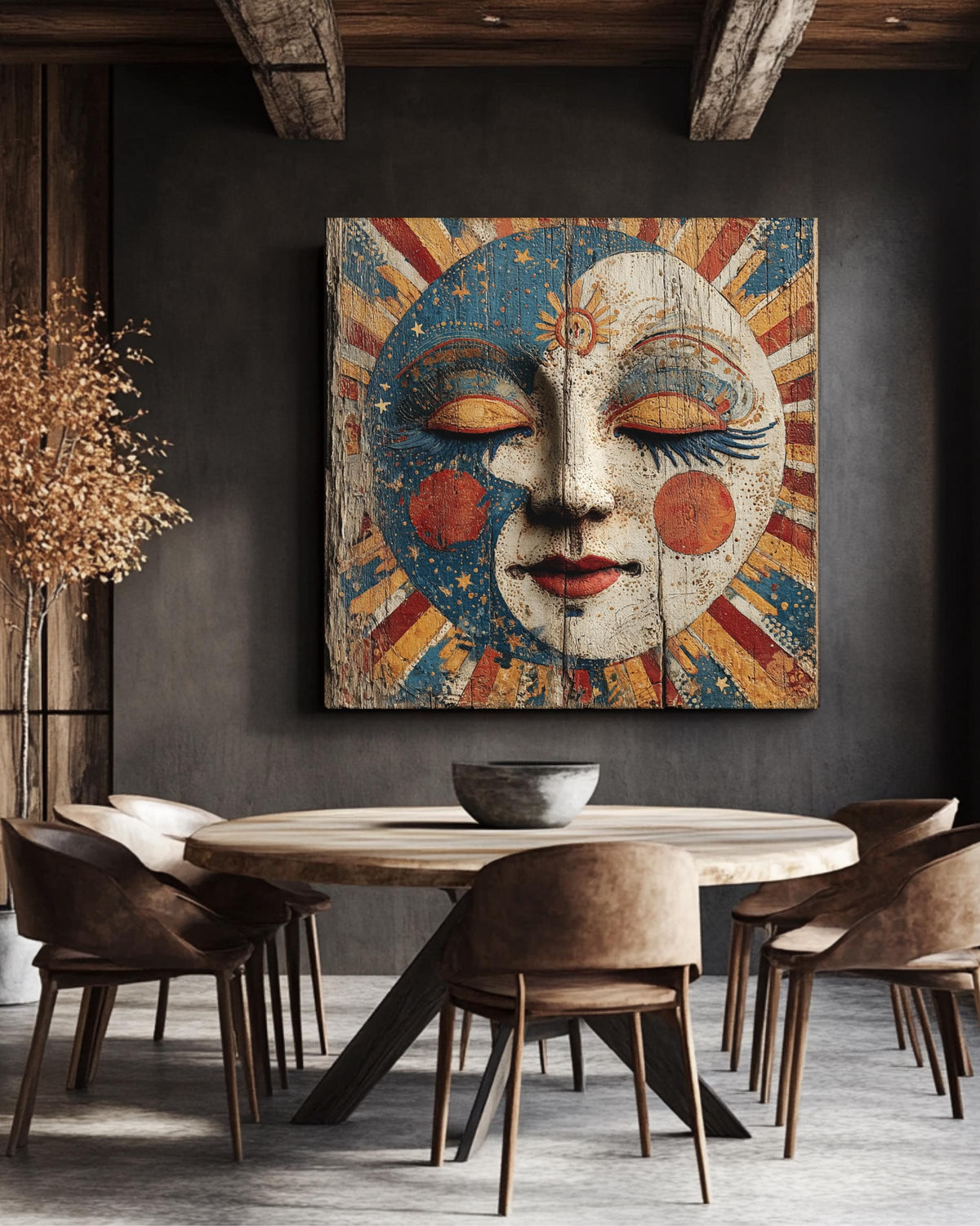 Victorian Circus Moon Face Art Print, Starry Sky and Sun Rays Painting on Wood Poster, Maximalist Celestial Canvas