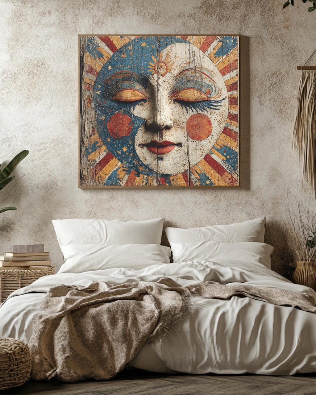 Victorian Circus Moon Face Art Print, Starry Sky and Sun Rays Painting on Wood Poster, Maximalist Celestial Canvas