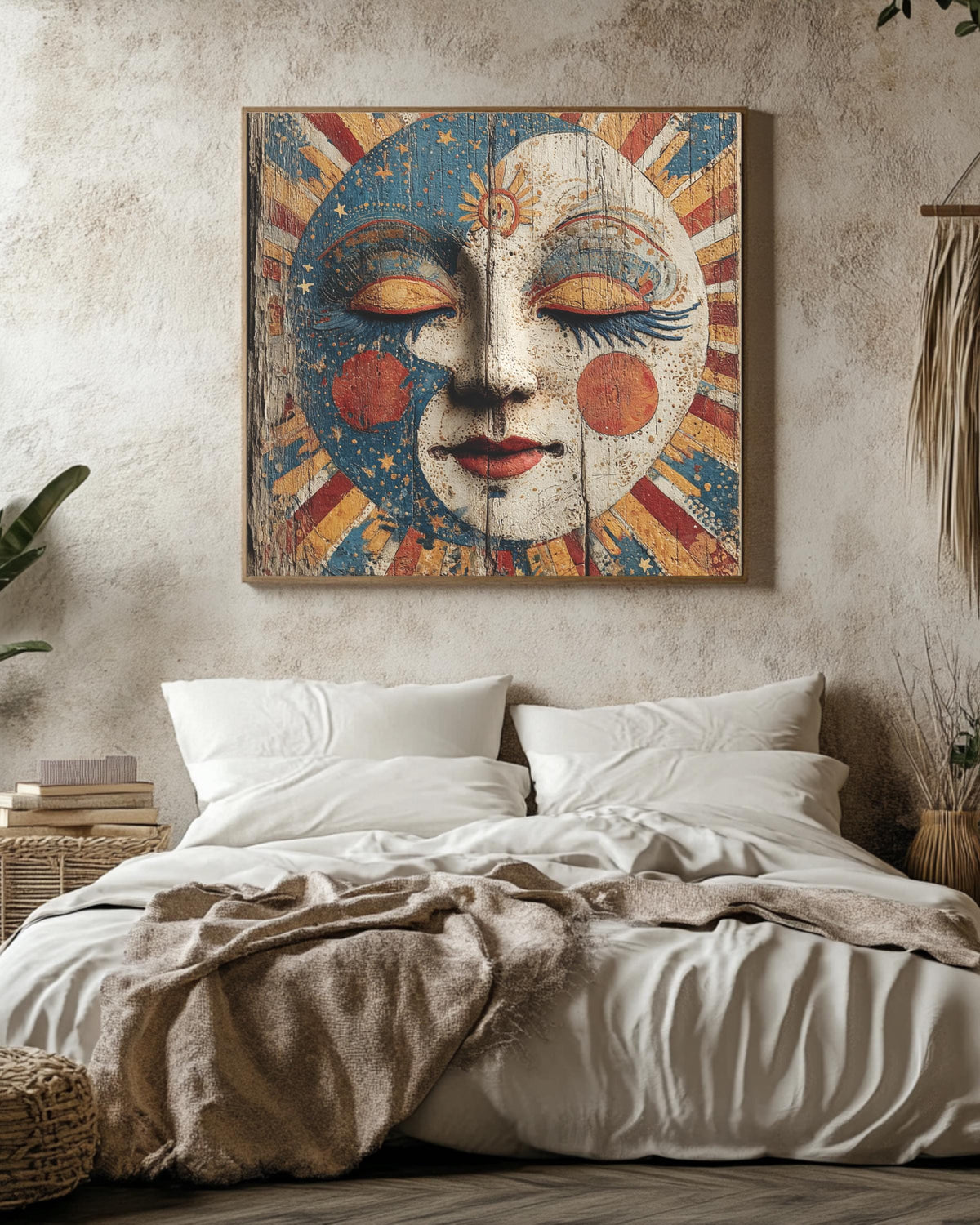 Victorian Circus Moon Face Art Print, Starry Sky and Sun Rays Painting on Wood Poster, Maximalist Celestial Canvas