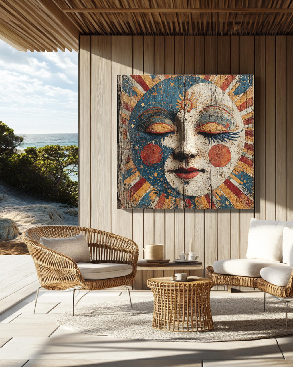 Victorian Circus Moon Face Art Print, Starry Sky and Sun Rays Painting on Wood Poster, Maximalist Celestial Canvas