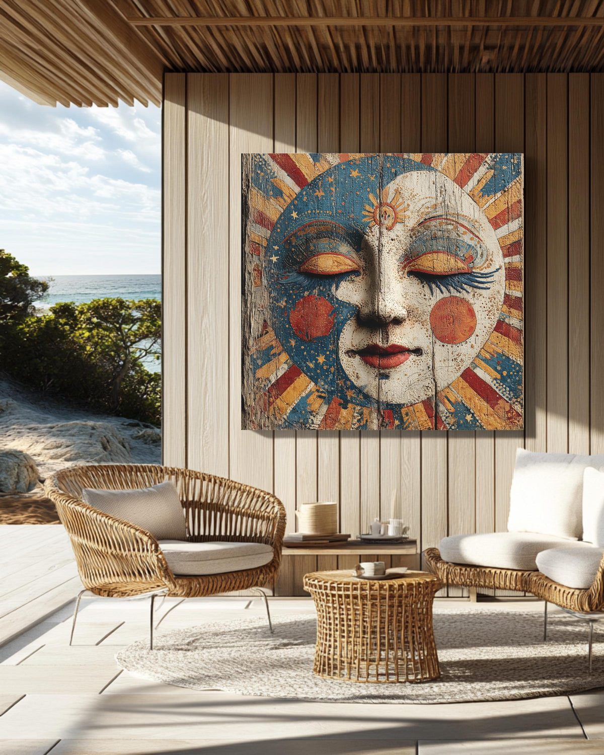 Victorian Circus Moon Face Art Print, Starry Sky and Sun Rays Painting on Wood Poster, Maximalist Celestial Canvas