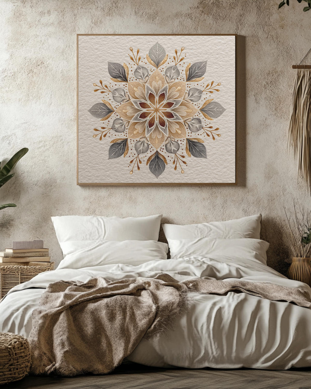 Elegant Snowflake Watercolor Art Print with Floral Patterns, Soft Beige Minimalist Winter Poster