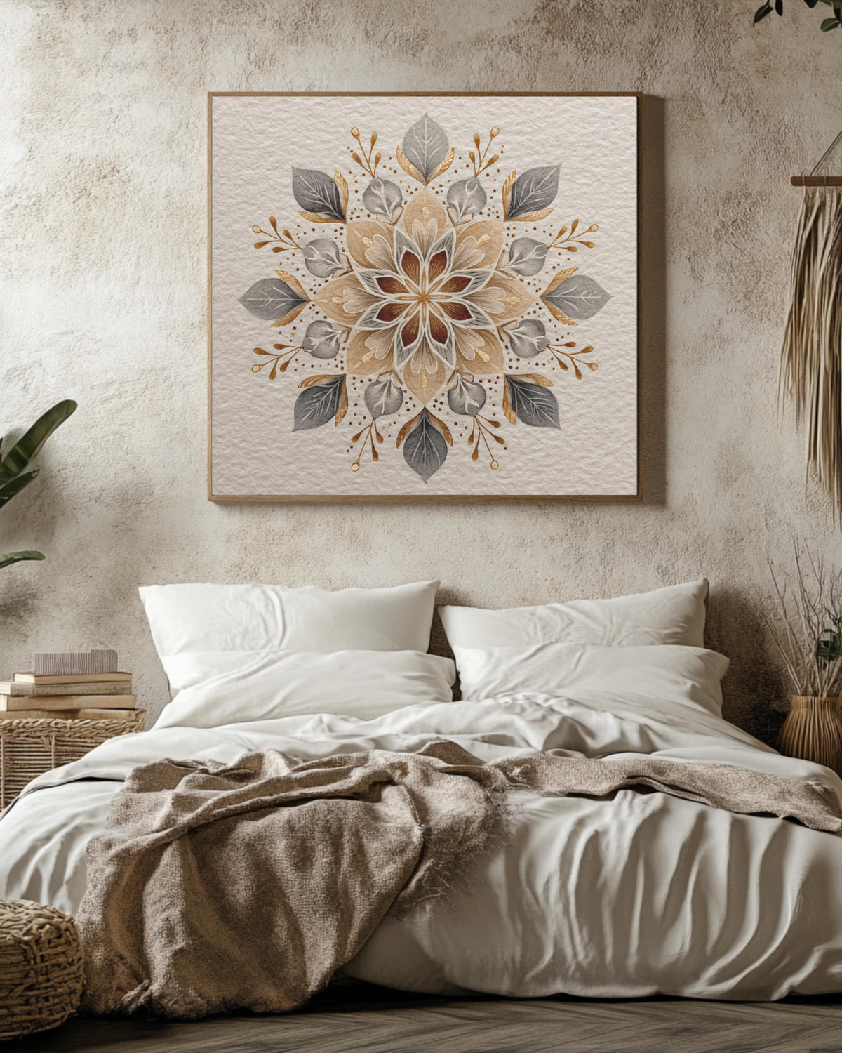 Elegant Snowflake Watercolor Art Print with Floral Patterns, Soft Beige Minimalist Winter Poster