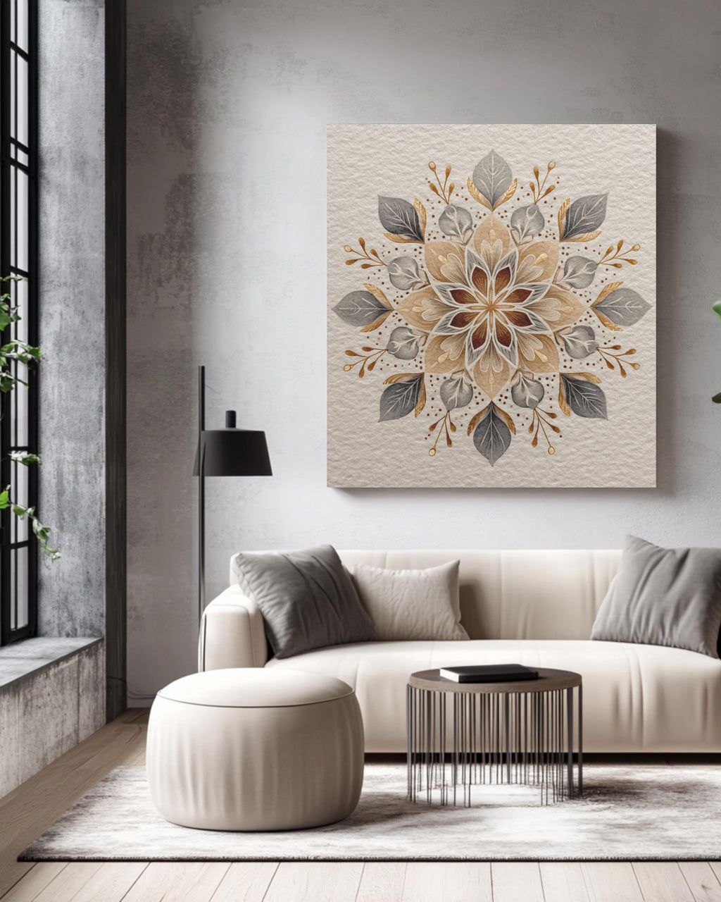 Elegant Snowflake Watercolor Art Print with Floral Patterns, Soft Beige Minimalist Winter Poster