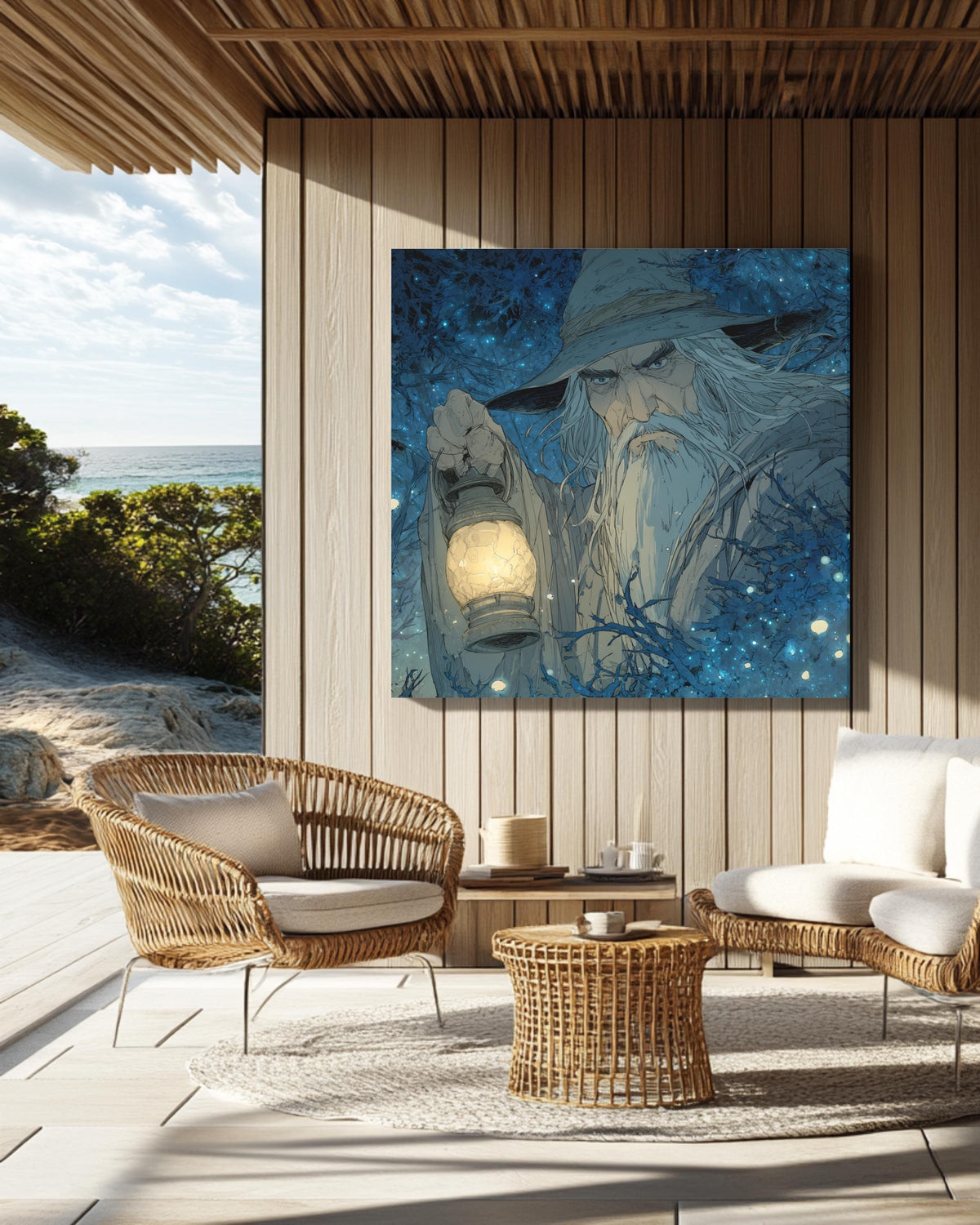 Old Wizard with Lantern in Enchanted Forest Art Print, Paul Kidby Inspired Fantasy Poster, Firefly Lit Night Scene Canvas