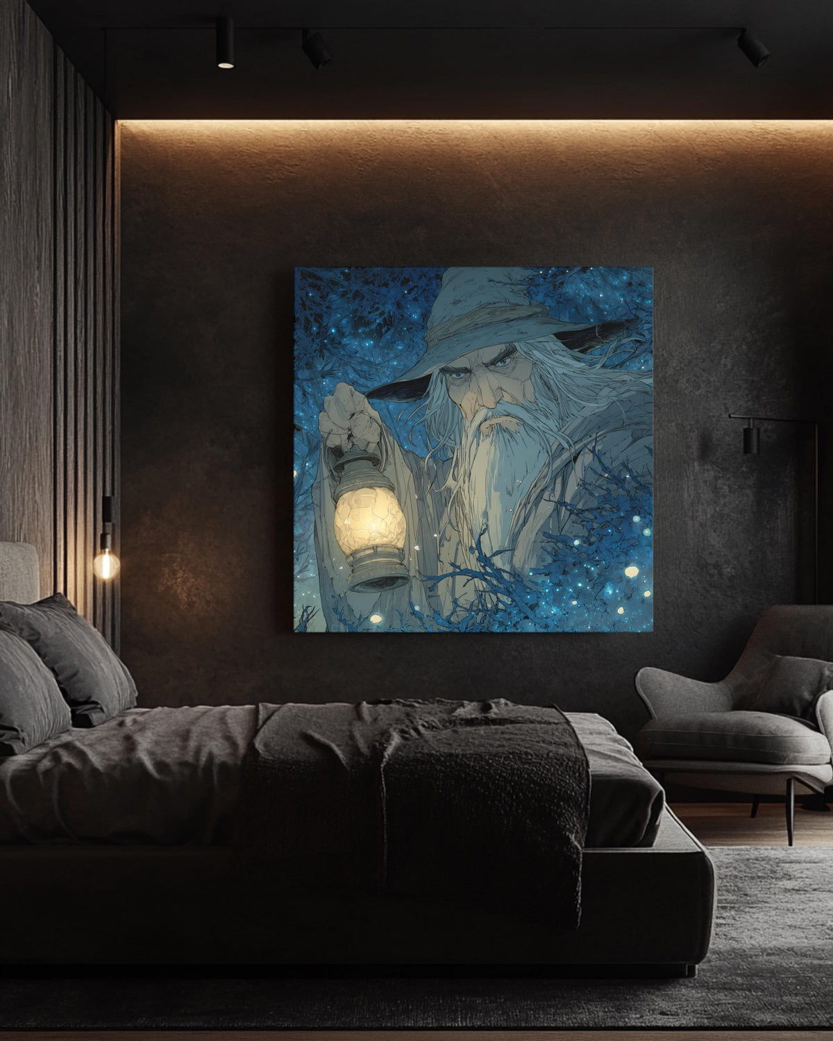 Old Wizard with Lantern in Enchanted Forest Art Print, Paul Kidby Inspired Fantasy Poster, Firefly Lit Night Scene Canvas