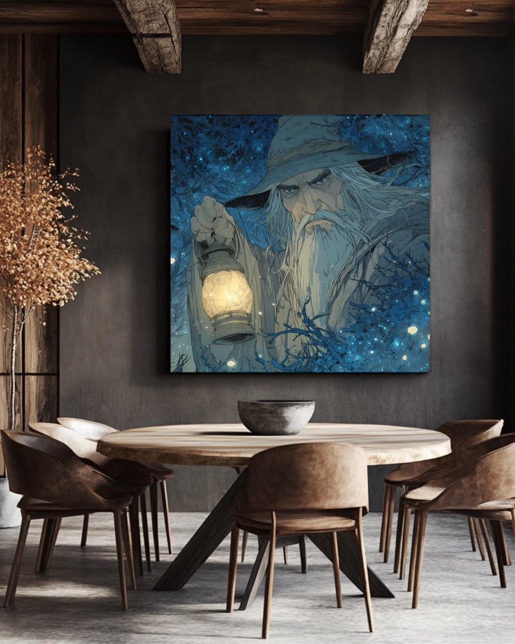 Old Wizard with Lantern in Enchanted Forest Art Print, Paul Kidby Inspired Fantasy Poster, Firefly Lit Night Scene Canvas