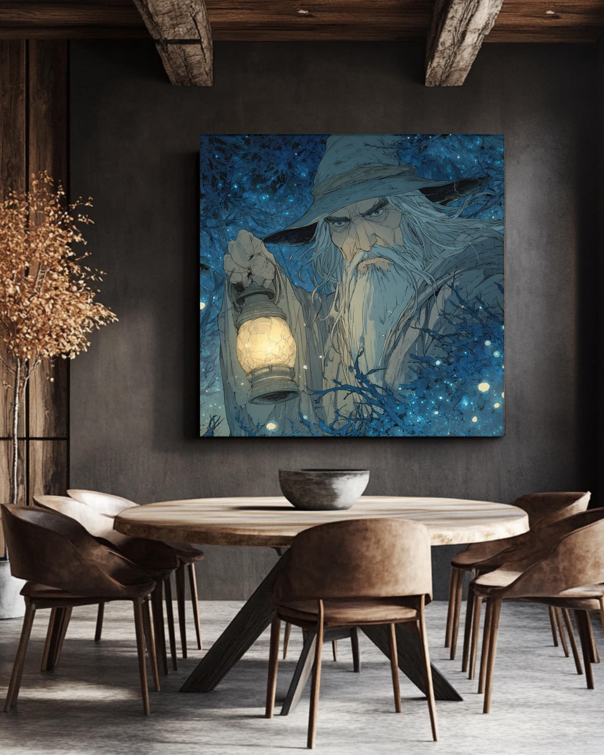 Old Wizard with Lantern in Enchanted Forest Art Print, Paul Kidby Inspired Fantasy Poster, Firefly Lit Night Scene Canvas