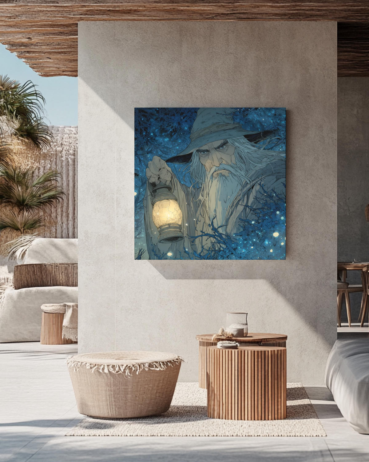 Old Wizard with Lantern in Enchanted Forest Art Print, Paul Kidby Inspired Fantasy Poster, Firefly Lit Night Scene Canvas