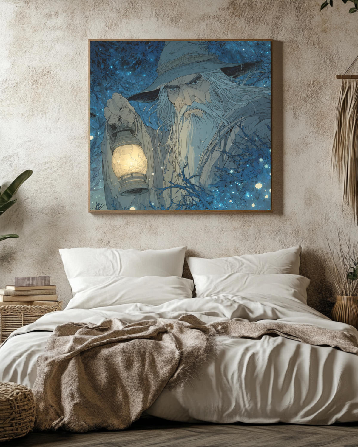 Old Wizard with Lantern in Enchanted Forest Art Print, Paul Kidby Inspired Fantasy Poster, Firefly Lit Night Scene Canvas