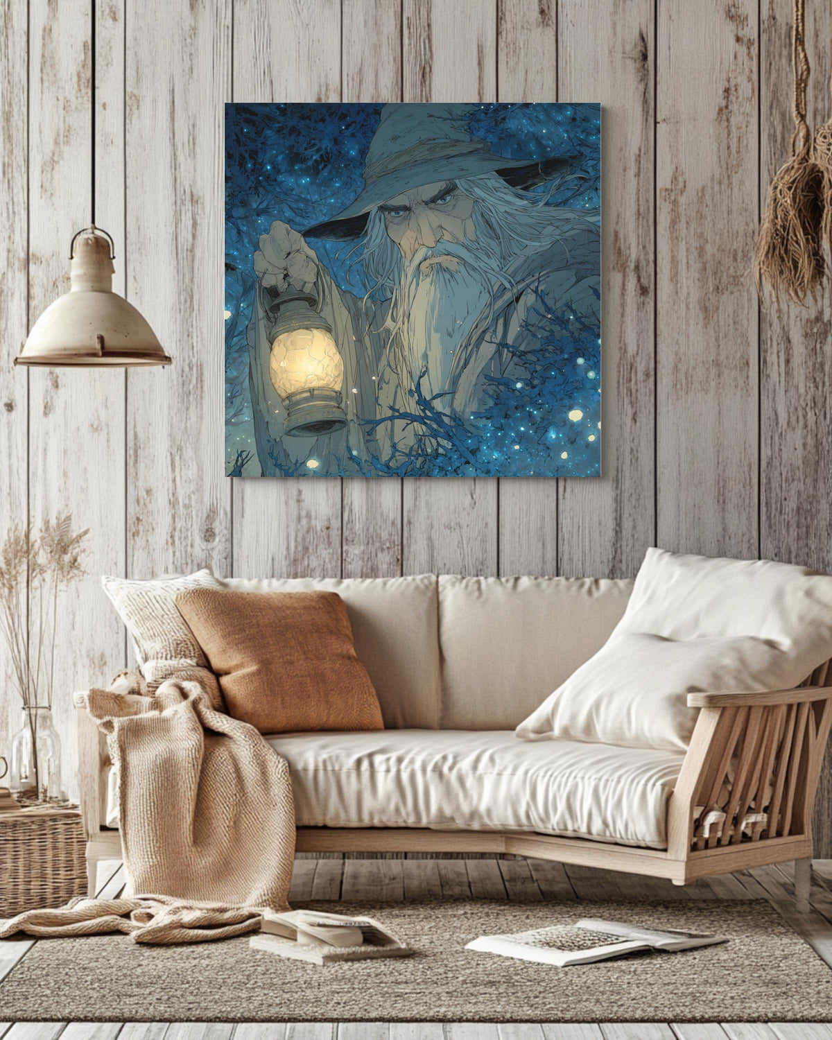 Old Wizard with Lantern in Enchanted Forest Art Print, Paul Kidby Inspired Fantasy Poster, Firefly Lit Night Scene Canvas