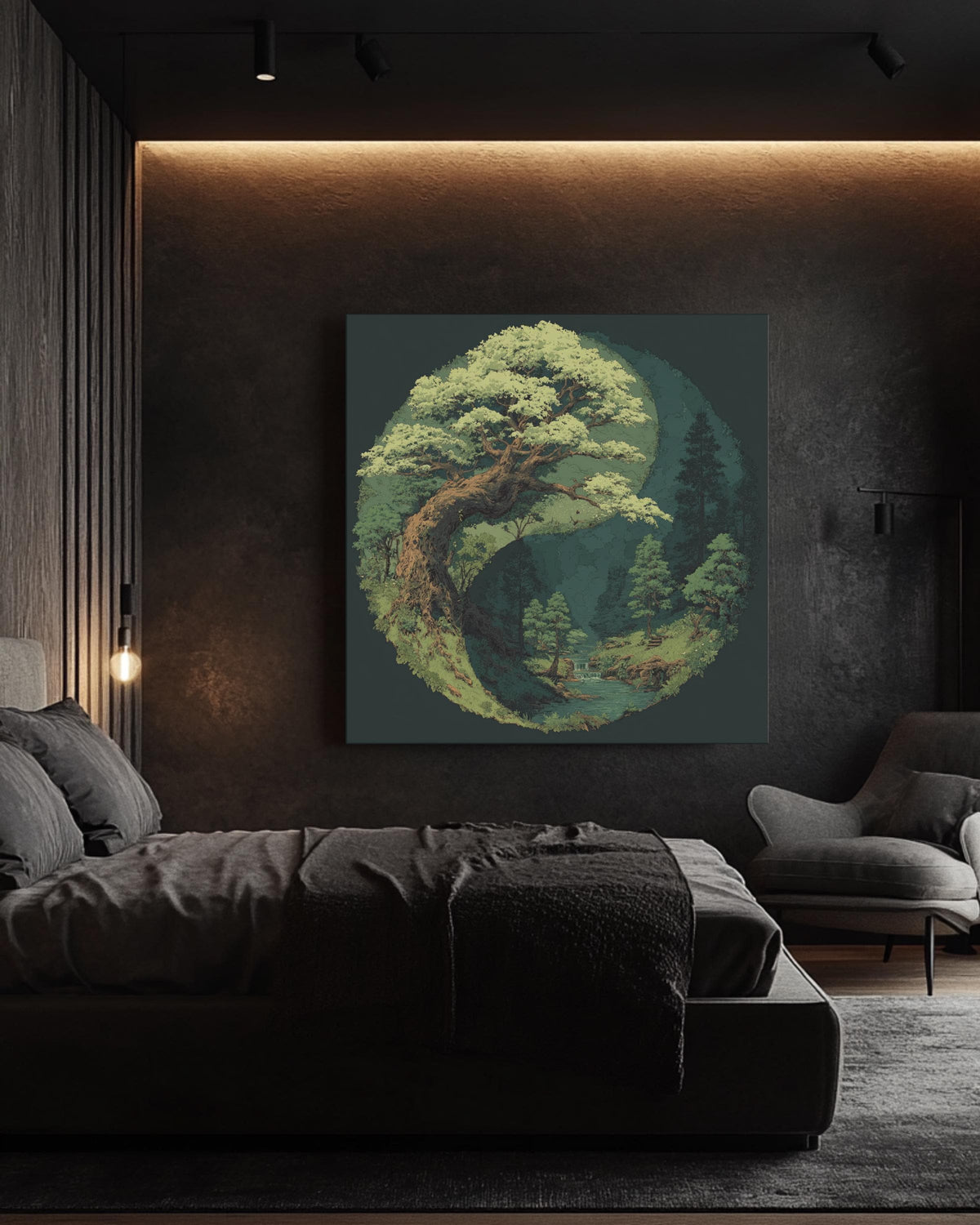 Yin Yang Tree and Forest Painting, Spiritual Nature Balance Wall Art, Light Green Leaves on Dark Background Poster, Zen Harmony Canvas