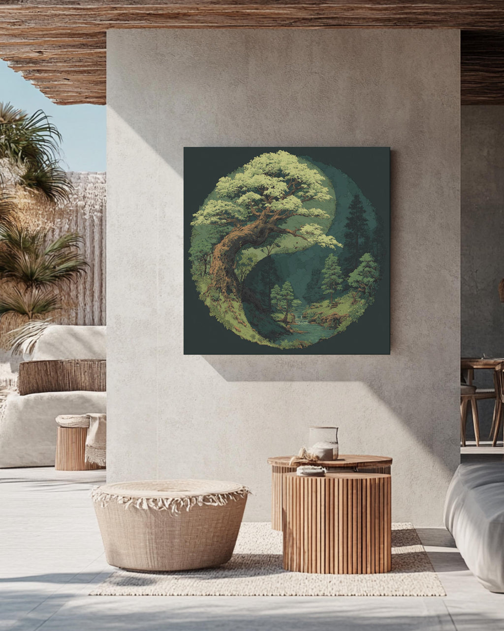 Yin Yang Tree and Forest Painting, Spiritual Nature Balance Wall Art, Light Green Leaves on Dark Background Poster, Zen Harmony Canvas