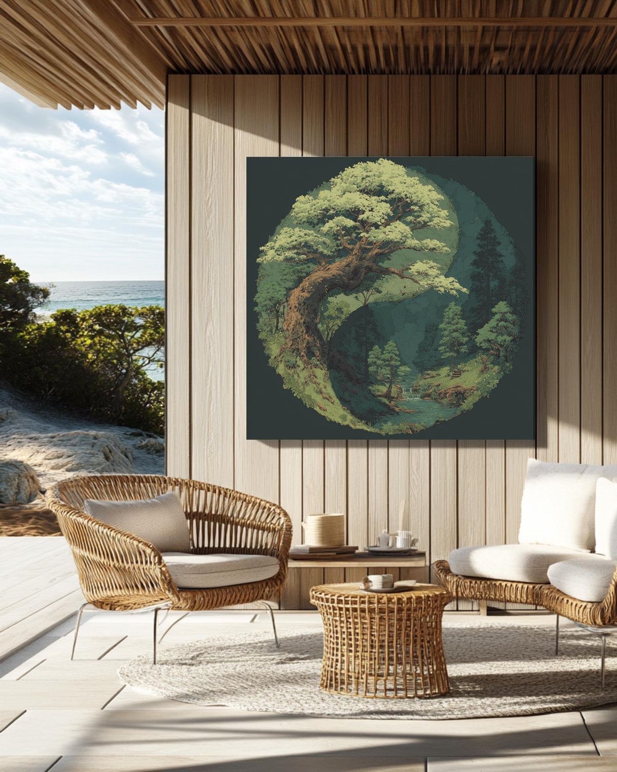 Yin Yang Tree and Forest Painting, Spiritual Nature Balance Wall Art, Light Green Leaves on Dark Background Poster, Zen Harmony Canvas