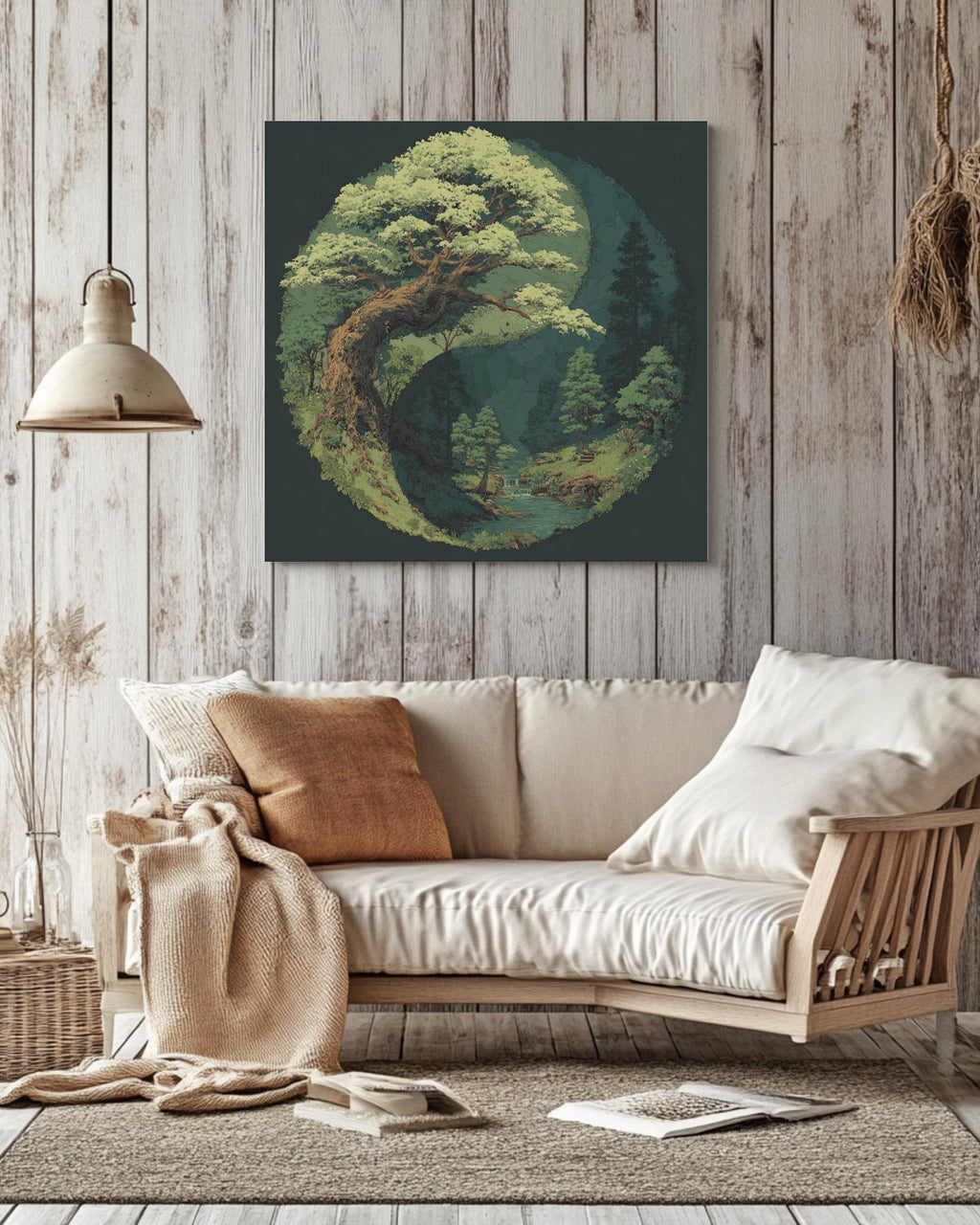 Yin Yang Tree and Forest Painting, Spiritual Nature Balance Wall Art, Light Green Leaves on Dark Background Poster, Zen Harmony Canvas