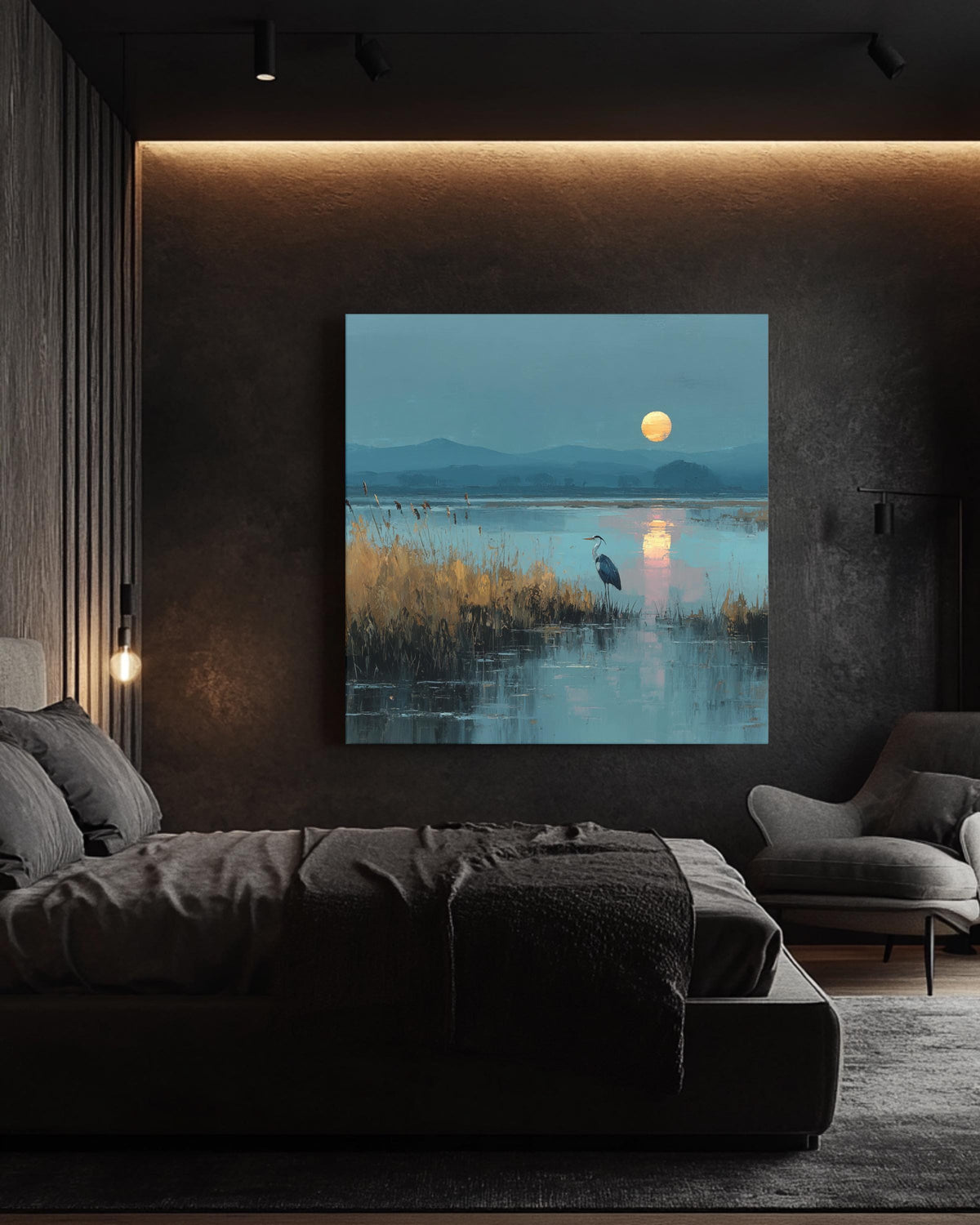 Heron in Marshland Oil Painting, Tranquil Nature Landscape with Reeds and Reflected Sunlight, Elegant Coastal Poster Canvas Decor