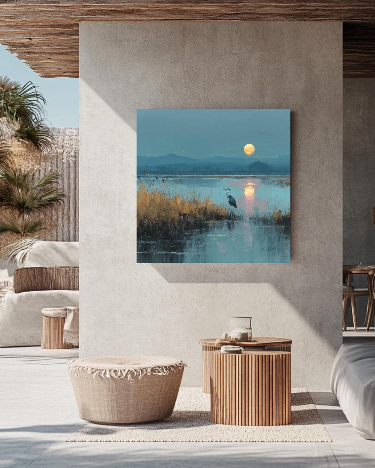 Heron in Marshland Oil Painting, Tranquil Nature Landscape with Reeds and Reflected Sunlight, Elegant Coastal Poster Canvas Decor