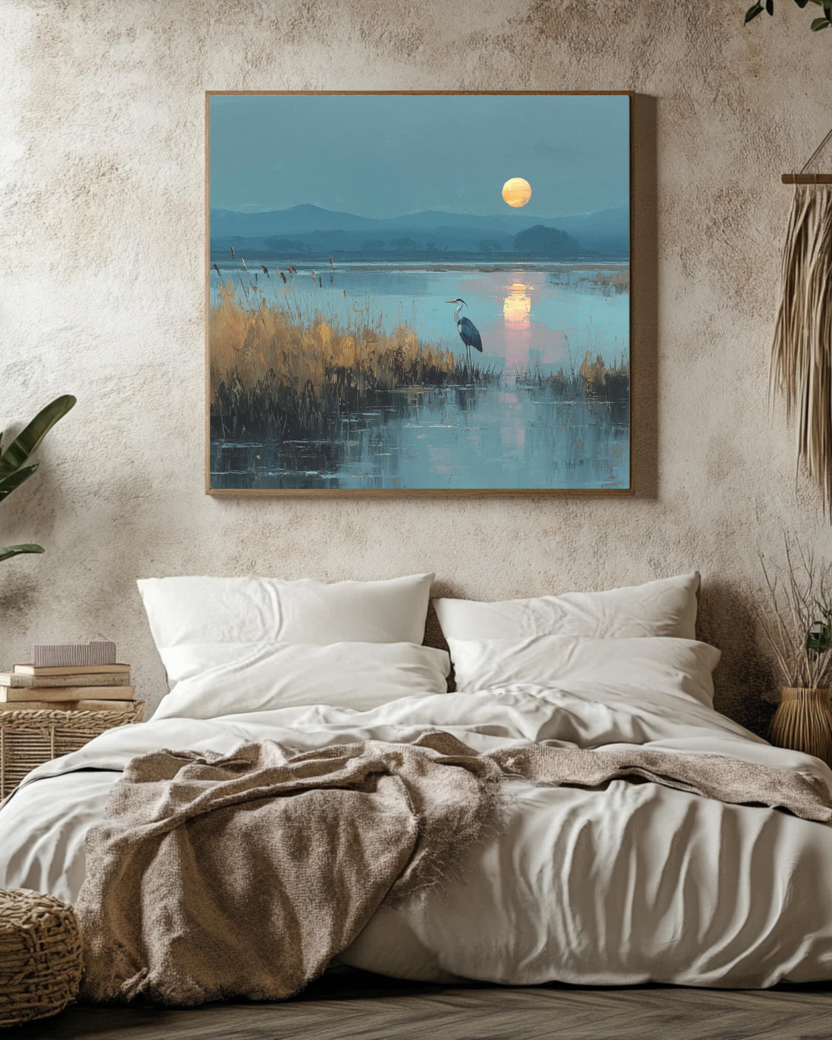 Heron in Marshland Oil Painting, Tranquil Nature Landscape with Reeds and Reflected Sunlight, Elegant Coastal Poster Canvas Decor