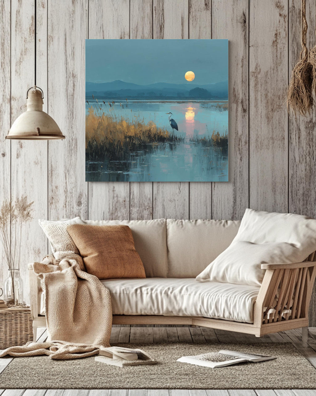 Heron in Marshland Oil Painting, Tranquil Nature Landscape with Reeds and Reflected Sunlight, Elegant Coastal Poster Canvas Decor