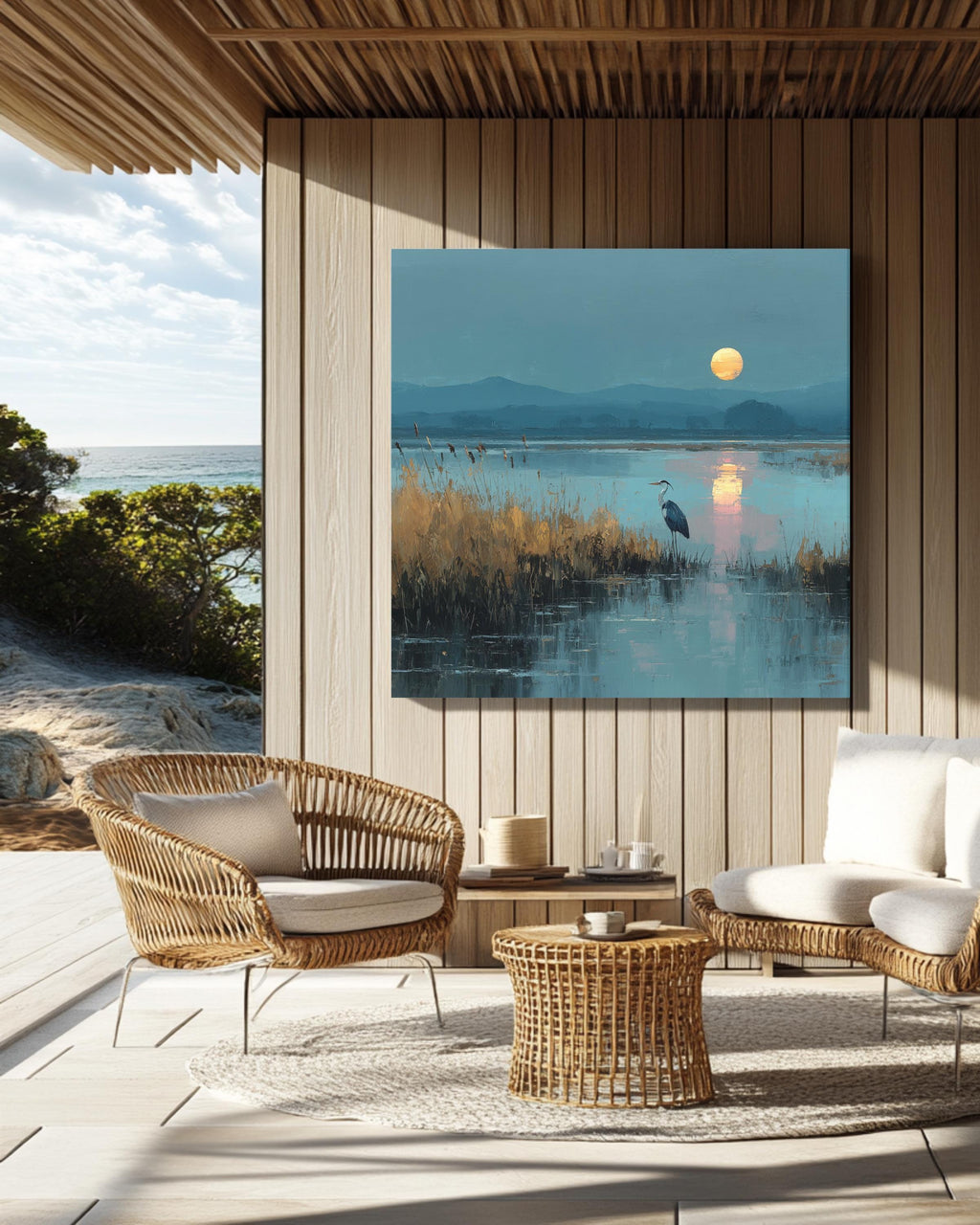 Heron in Marshland Oil Painting, Tranquil Nature Landscape with Reeds and Reflected Sunlight, Elegant Coastal Poster Canvas Decor