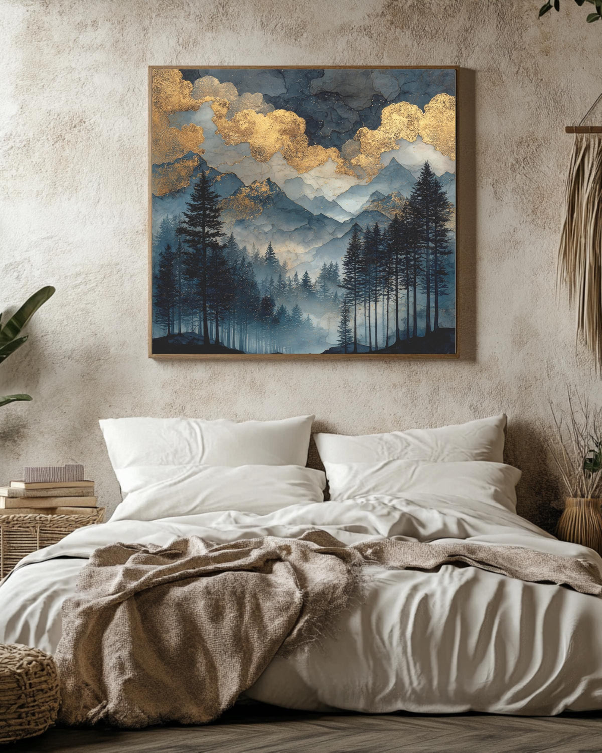 Dark Forest Watercolor Painting with Gold Glitter Clouds, Moody Mountain Landscape Art Print, Black Sky Dark Academia Poster
