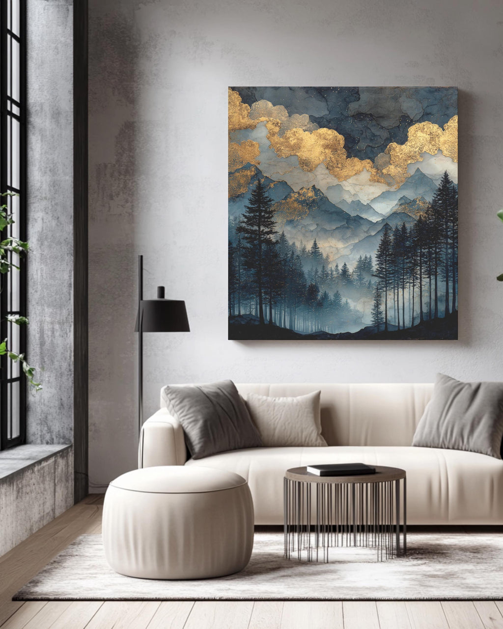 Dark Forest Watercolor Painting with Gold Glitter Clouds, Moody Mountain Landscape Art Print, Black Sky Dark Academia Poster