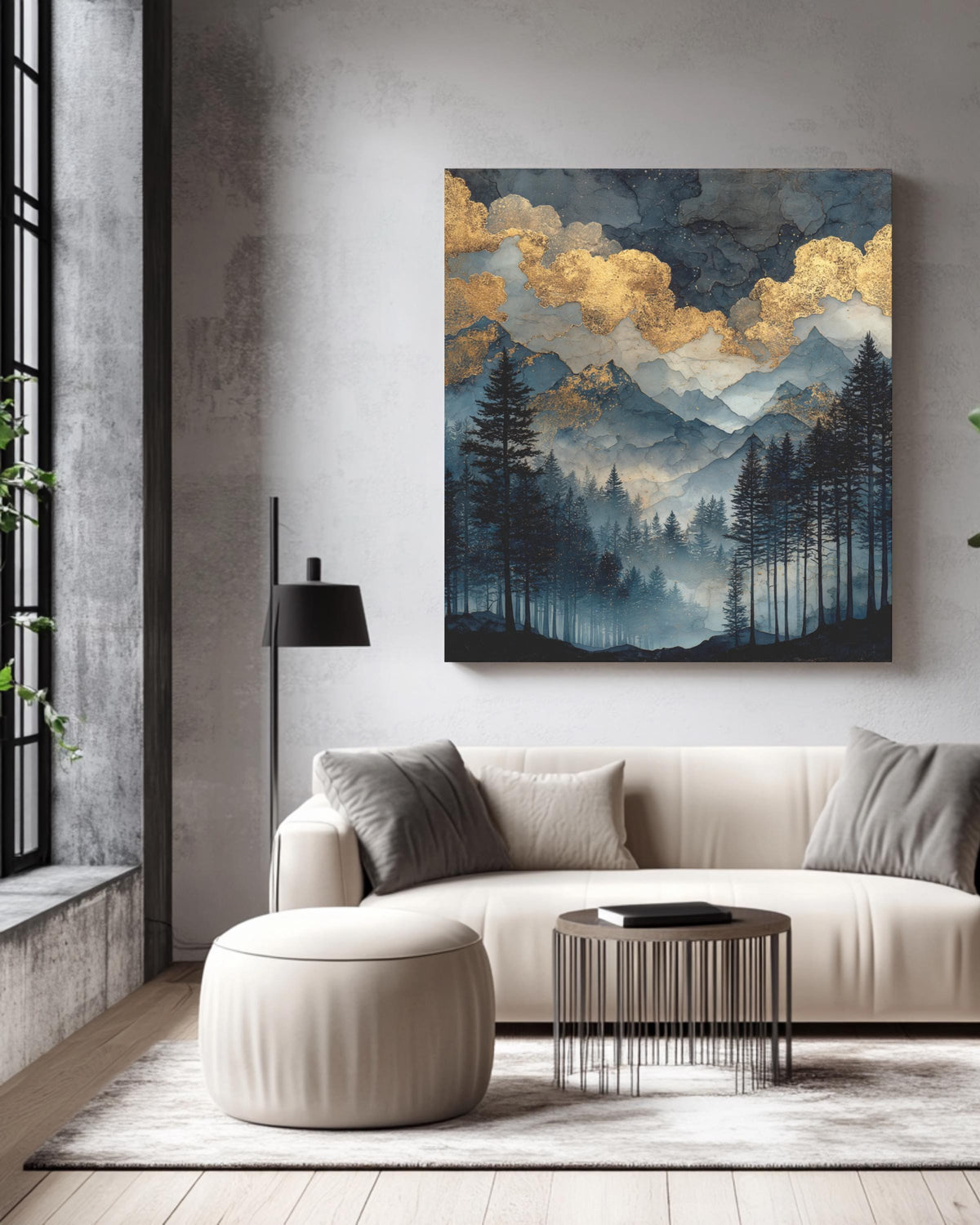 Dark Forest Watercolor Painting with Gold Glitter Clouds, Moody Mountain Landscape Art Print, Black Sky Dark Academia Poster