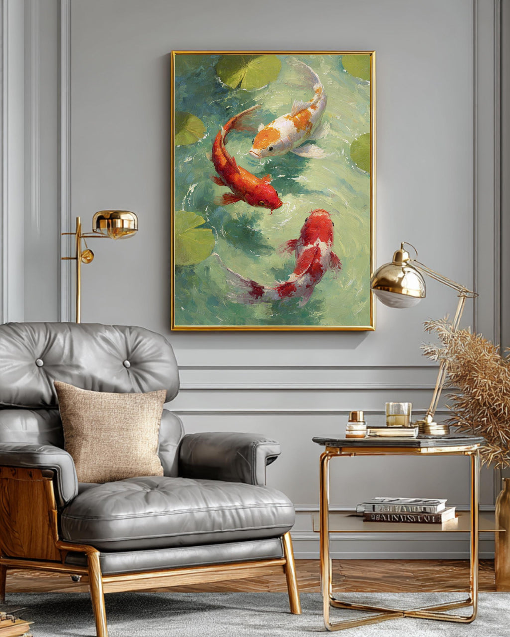 Three Koi Fish Swimming with Lotus Leaves Art Print, Elegant Oil Painting Style, Tranquil Asian Zen Wall Decor