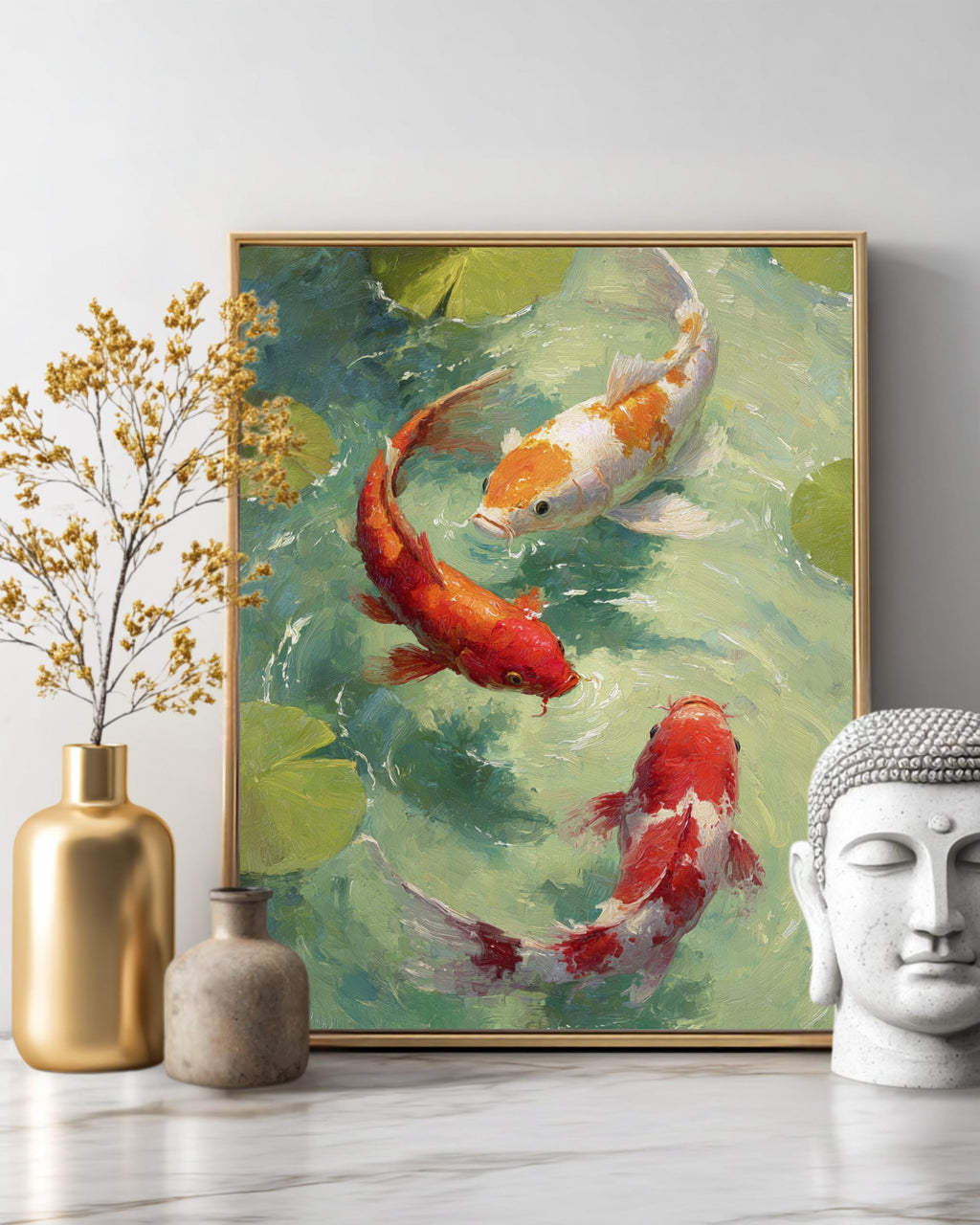 Three Koi Fish Swimming with Lotus Leaves Art Print, Elegant Oil Painting Style, Tranquil Asian Zen Wall Decor