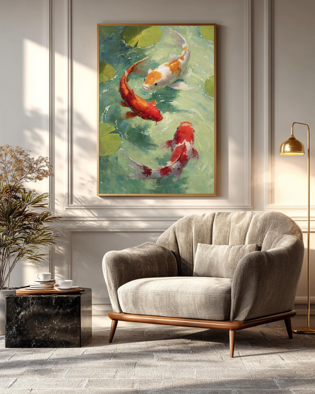 Three Koi Fish Swimming with Lotus Leaves Art Print, Elegant Oil Painting Style, Tranquil Asian Zen Wall Decor