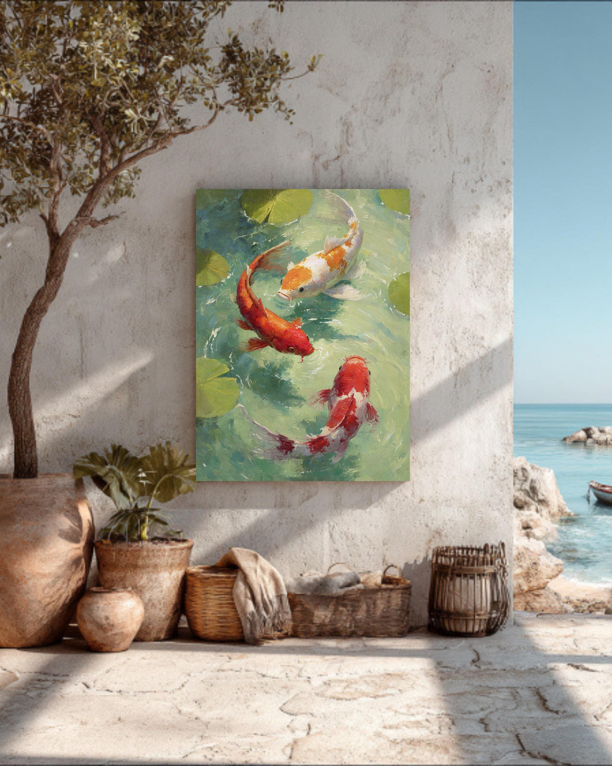 Three Koi Fish Swimming with Lotus Leaves Art Print, Elegant Oil Painting Style, Tranquil Asian Zen Wall Decor
