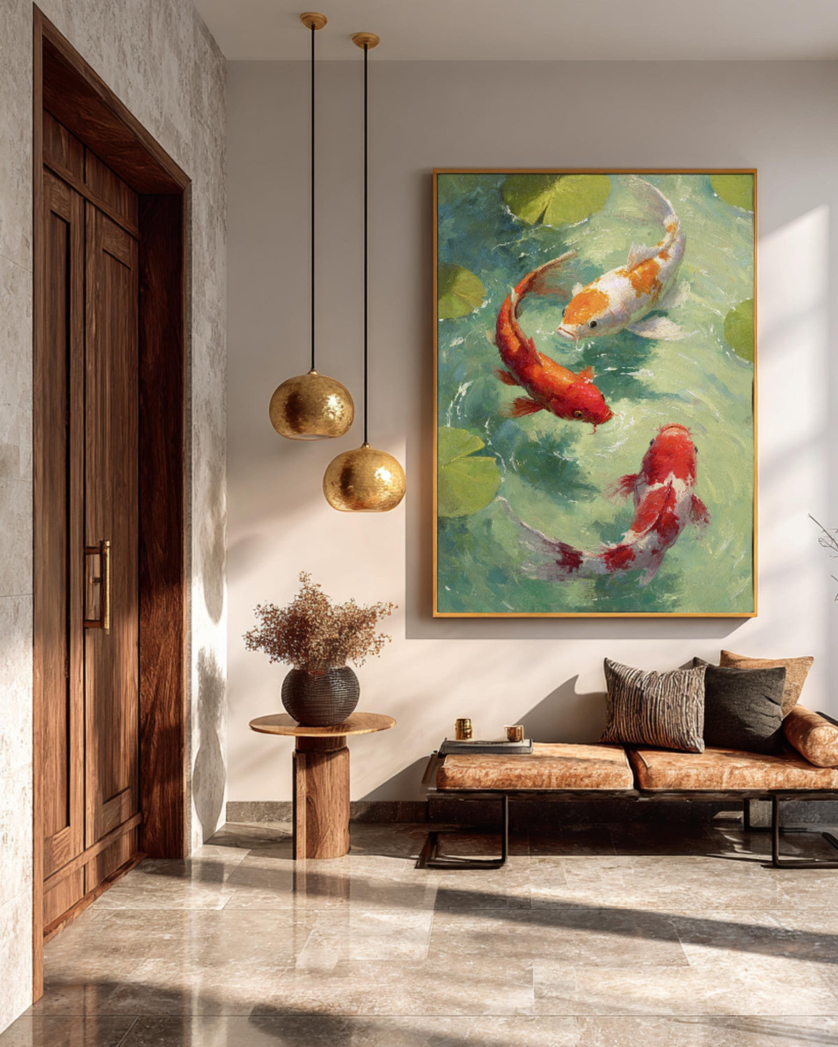 Three Koi Fish Swimming with Lotus Leaves Art Print, Elegant Oil Painting Style, Tranquil Asian Zen Wall Decor