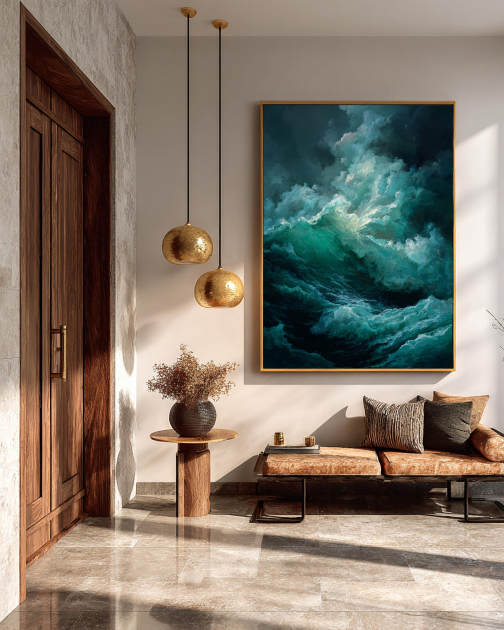 Dark Stormy Sea Oil Painting Art Print, Dramatic Caravaggio-Style Waves with Deep Shadows and Emerald Green Foam, Moody Ocean Wall Decor