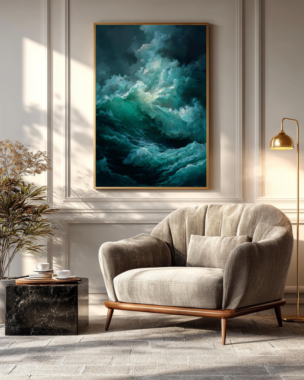 Dark Stormy Sea Oil Painting Art Print, Dramatic Caravaggio-Style Waves with Deep Shadows and Emerald Green Foam, Moody Ocean Wall Decor