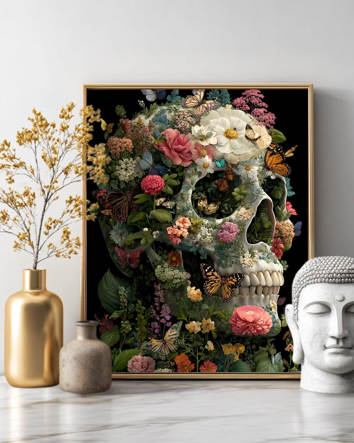 Skull with Colorful Butterflies and Flowers Art Print, Gothic Nature Illustration on Black Background, Vibrant B