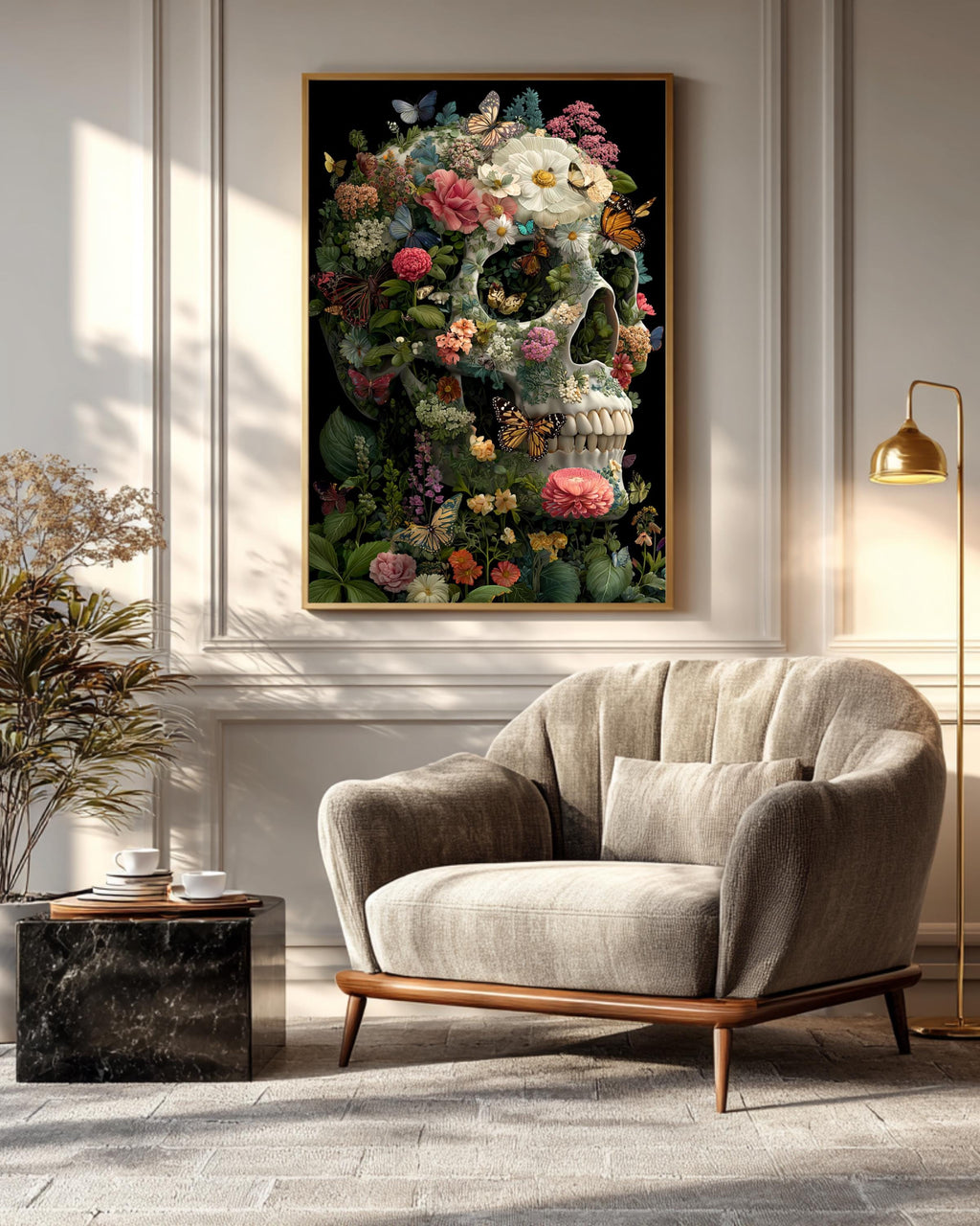 Skull with Colorful Butterflies and Flowers Art Print, Gothic Nature Illustration on Black Background, Vibrant B