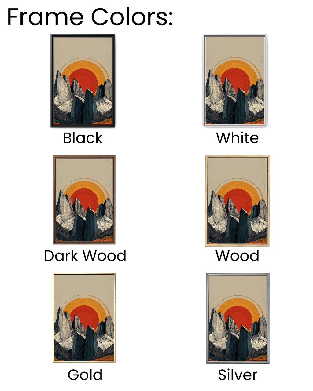 Minimalist Snowy Mountains Art Print, Symmetrical Ink Painting Vector Illustration with Orange-Red Sun Between Black and White Cliffs