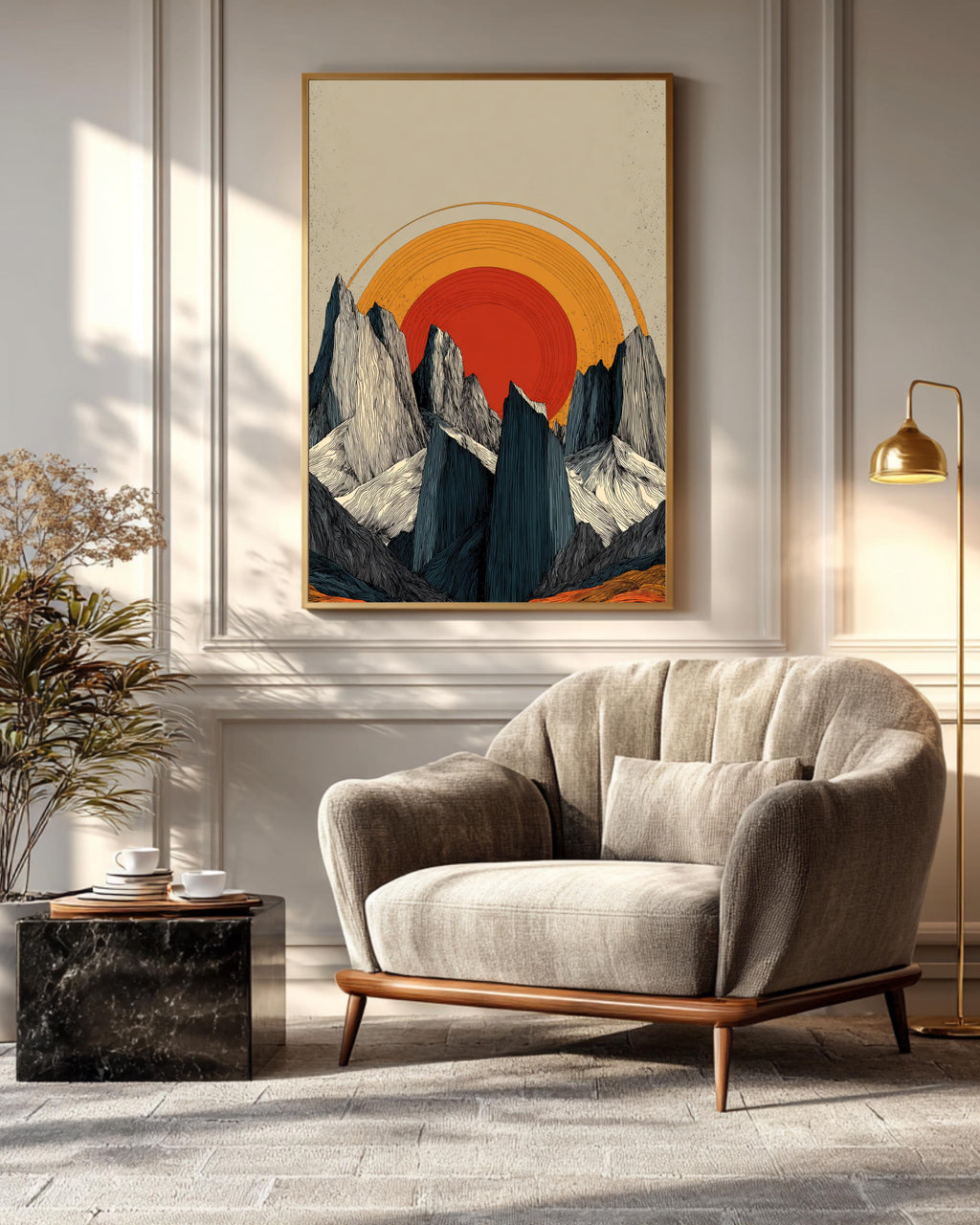 Minimalist Snowy Mountains Art Print, Symmetrical Ink Painting Vector Illustration with Orange-Red Sun Between Black and White Cliffs