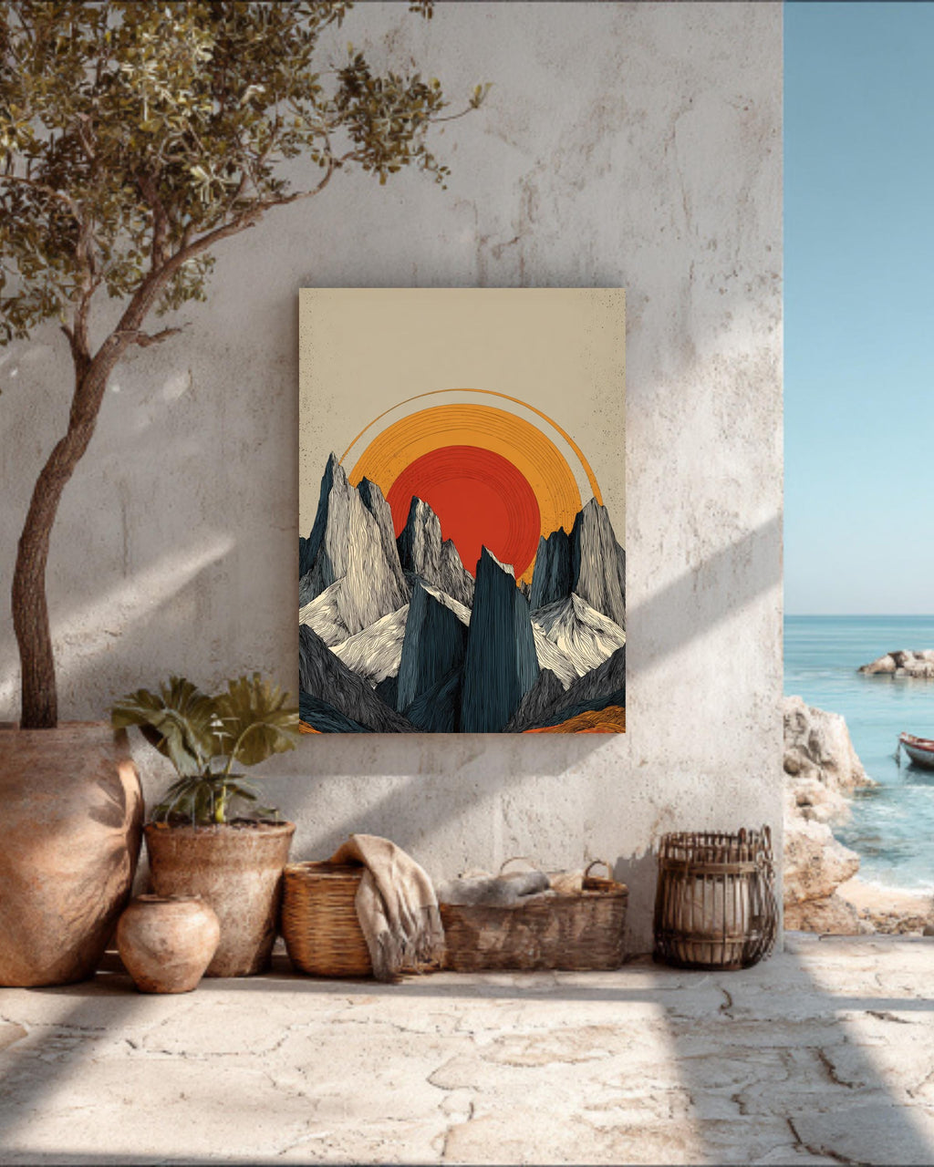 Minimalist Snowy Mountains Art Print, Symmetrical Ink Painting Vector Illustration with Orange-Red Sun Between Black and White Cliffs