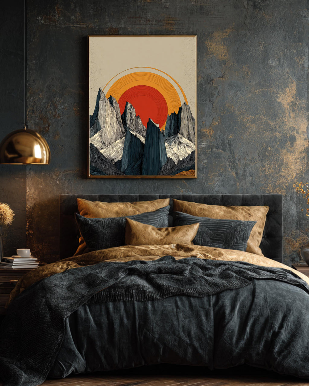 Minimalist Snowy Mountains Art Print, Symmetrical Ink Painting Vector Illustration with Orange-Red Sun Between Black and White Cliffs