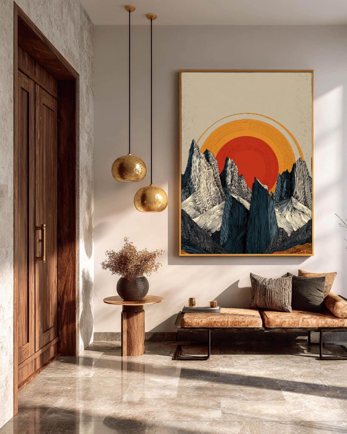 Minimalist Snowy Mountains Art Print, Symmetrical Ink Painting Vector Illustration with Orange-Red Sun Between Black and White Cliffs