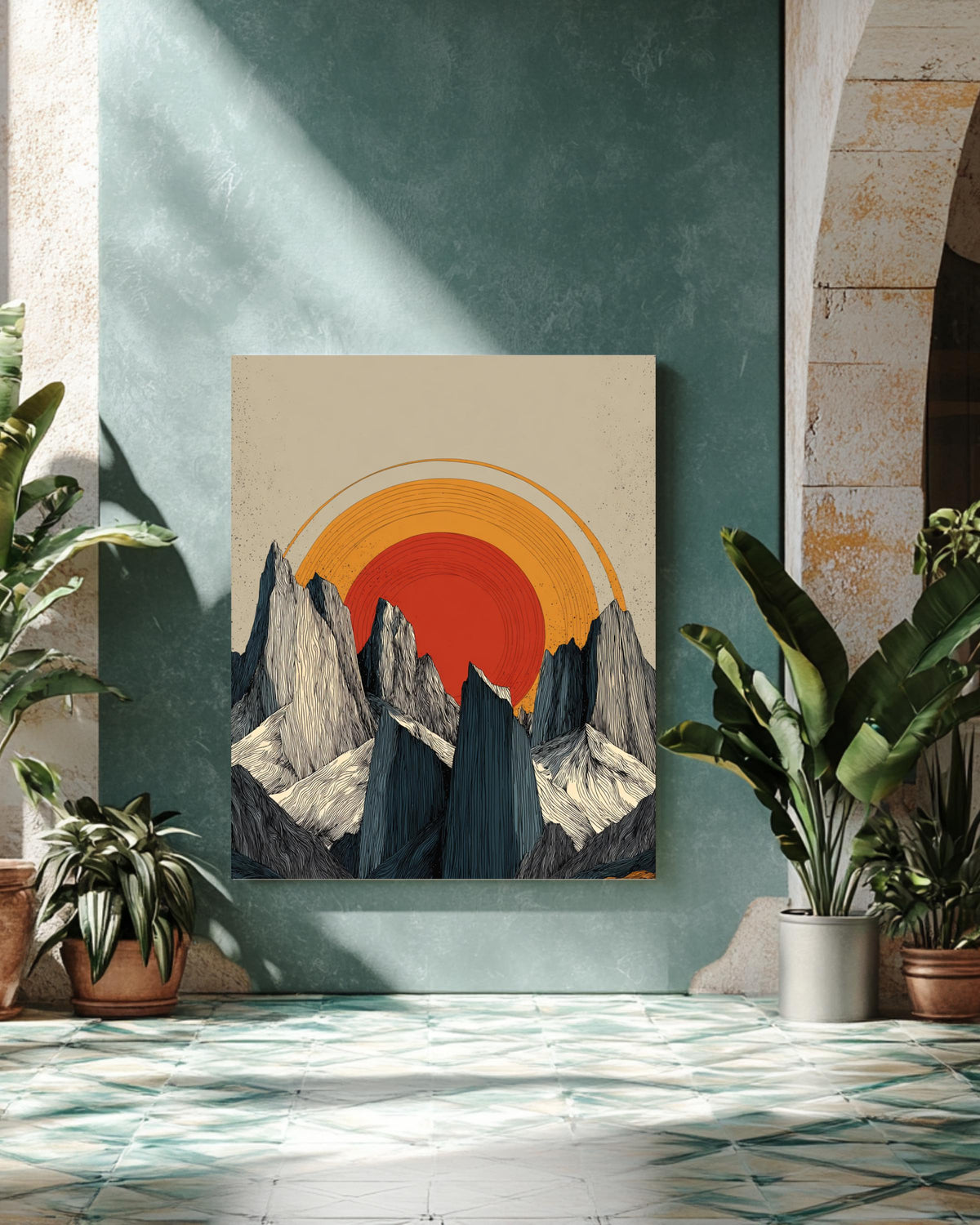Minimalist Snowy Mountains Art Print, Symmetrical Ink Painting Vector Illustration with Orange-Red Sun Between Black and White Cliffs