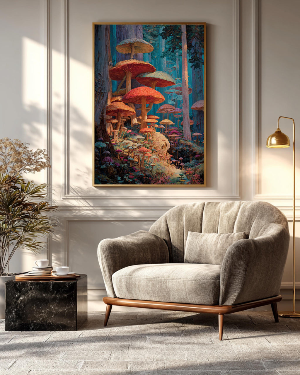 Enchanted Forest Oil Painting Art Print, Vibrant Fantasy Landscape with Giant Mushrooms, Magical Surreal Wall Decor