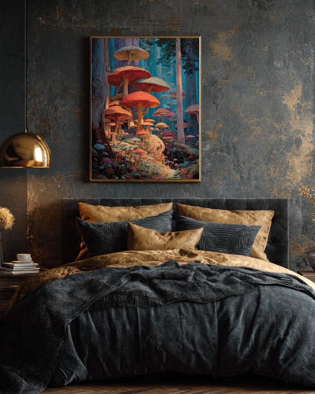 Enchanted Forest Oil Painting Art Print, Vibrant Fantasy Landscape with Giant Mushrooms, Magical Surreal Wall Decor