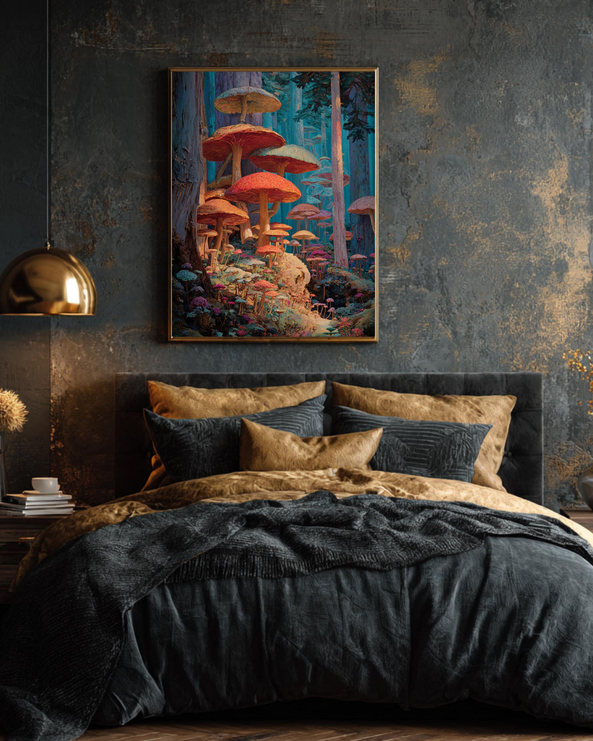 Enchanted Forest Oil Painting Art Print, Vibrant Fantasy Landscape with Giant Mushrooms, Magical Surreal Wall Decor