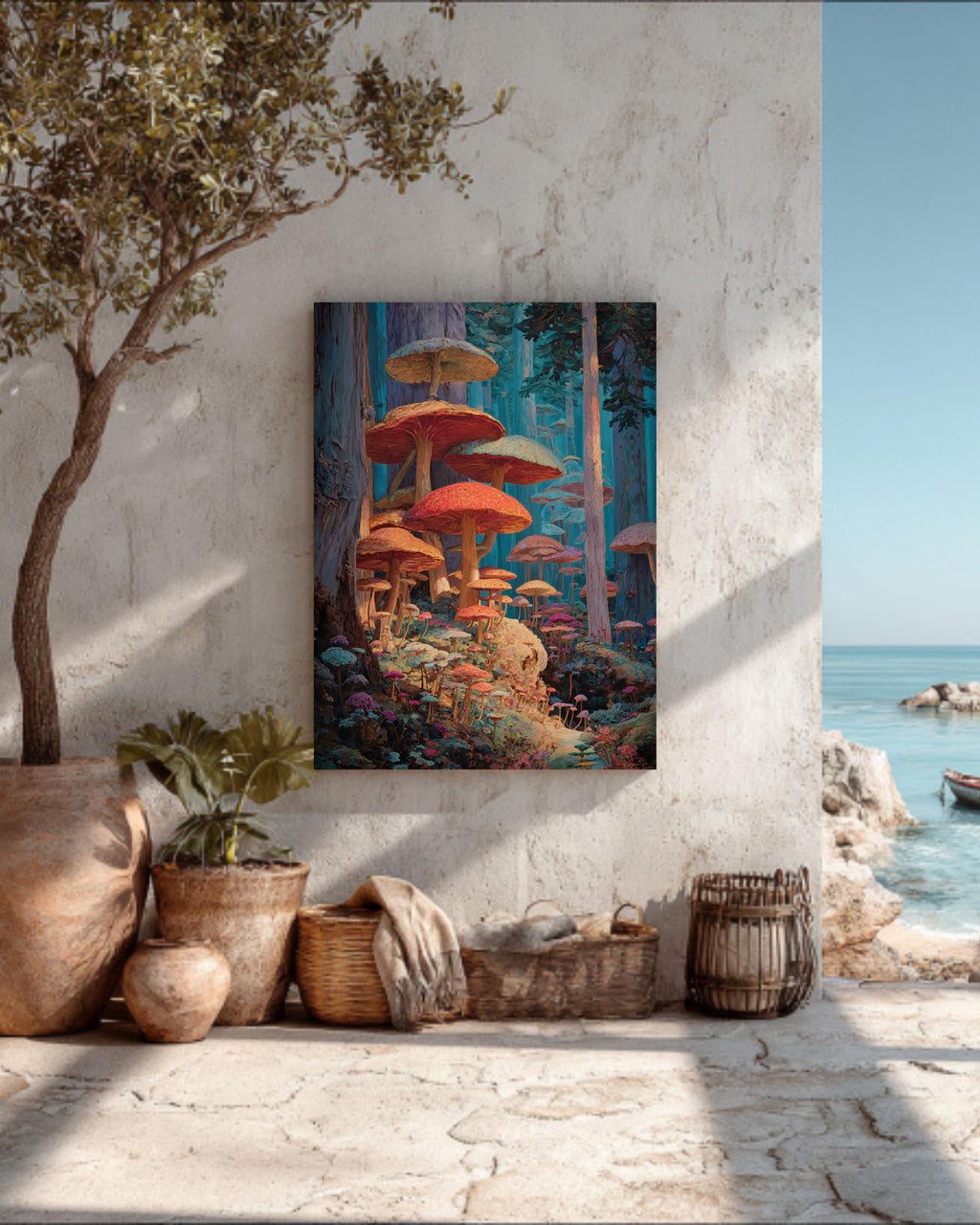 Enchanted Forest Oil Painting Art Print, Vibrant Fantasy Landscape with Giant Mushrooms, Magical Surreal Wall Decor