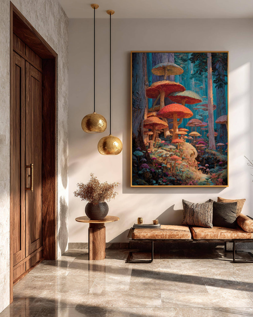 Enchanted Forest Oil Painting Art Print, Vibrant Fantasy Landscape with Giant Mushrooms, Magical Surreal Wall Decor