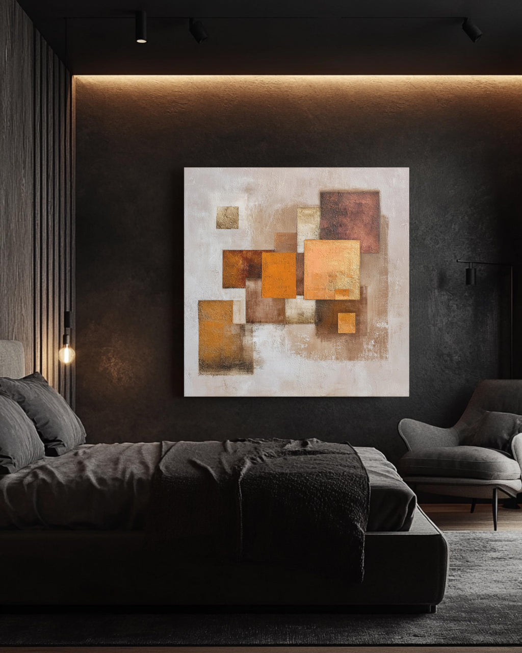 Textured Abstract Earthy Brown & Beige Square Art Print with Orange Geometric Shapes, Neutral Modern Wall Decor Poster Canvas
