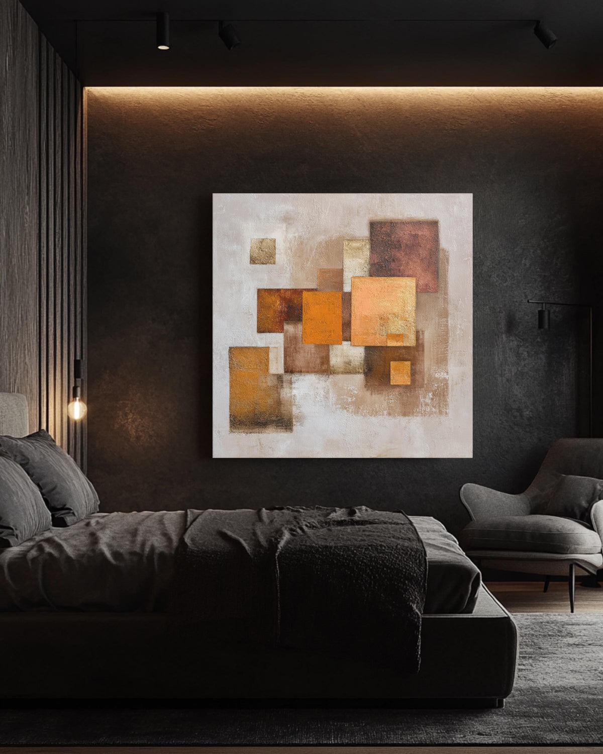 Textured Abstract Earthy Brown & Beige Square Art Print with Orange Geometric Shapes, Neutral Modern Wall Decor Poster Canvas