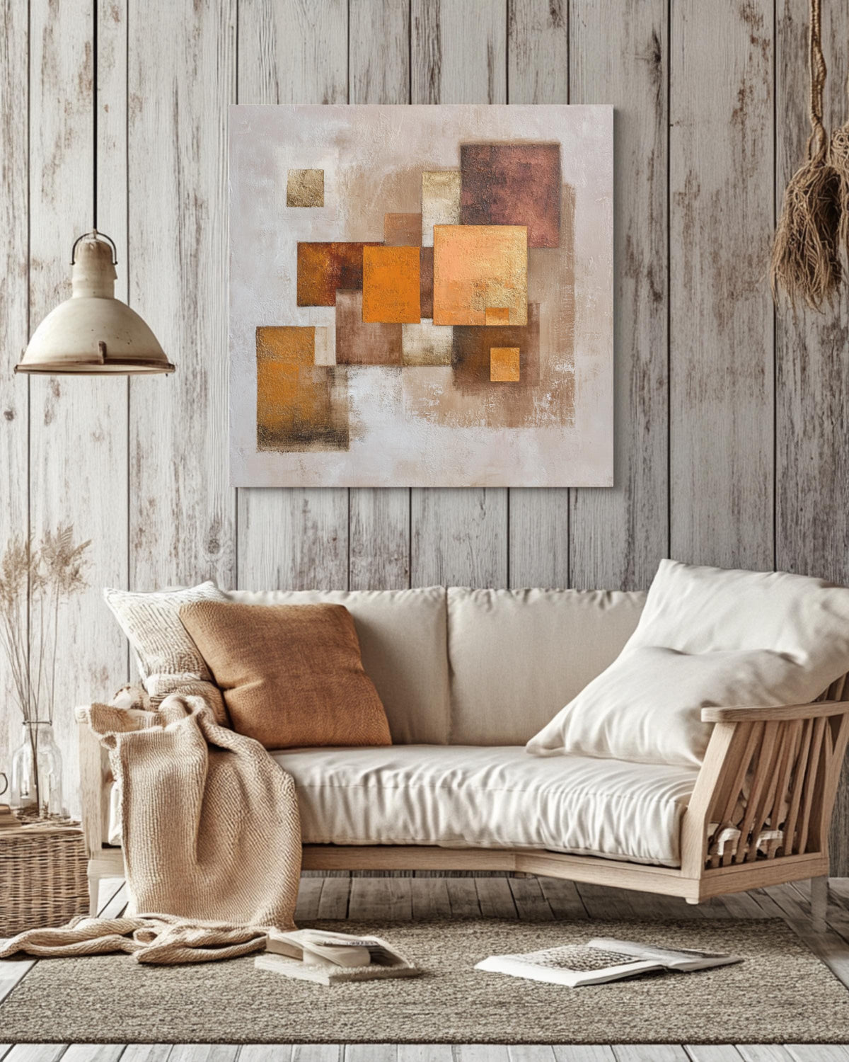 Textured Abstract Earthy Brown & Beige Square Art Print with Orange Geometric Shapes, Neutral Modern Wall Decor Poster Canvas